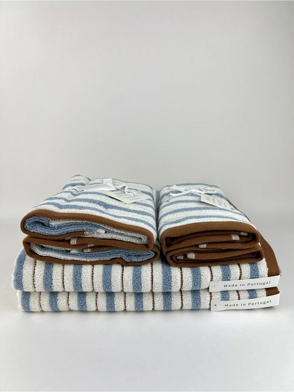 Bianca Bath Towel Set Blue Cream Brown Striped Soft Cotton Portugal 6 Pc NEW